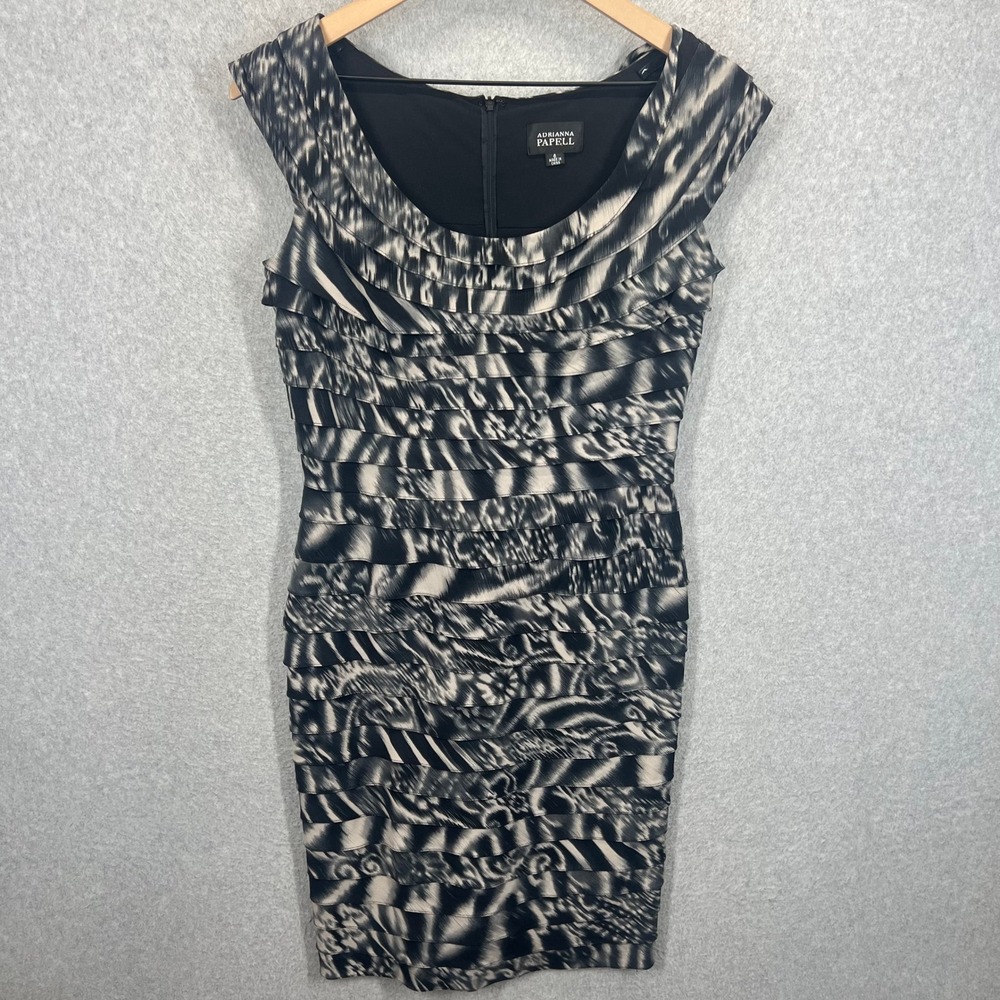 Adrianna Papell Sheath Dress Womens 6 Black White Tiered Ruffle Stretch Cocktail